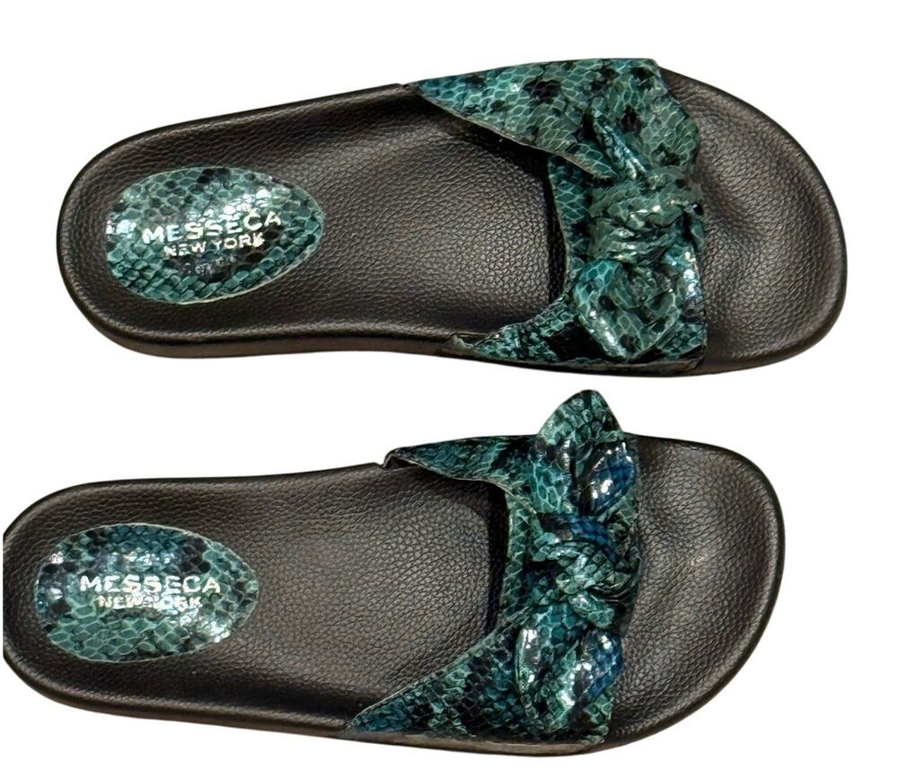 Messeca Teal Snake Print Knotted Bow Slide Sandal Heels Size 7